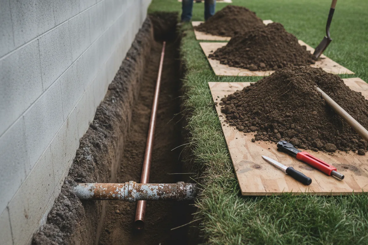 Excavated water line trench during Water Softener Installation in Mc Connells